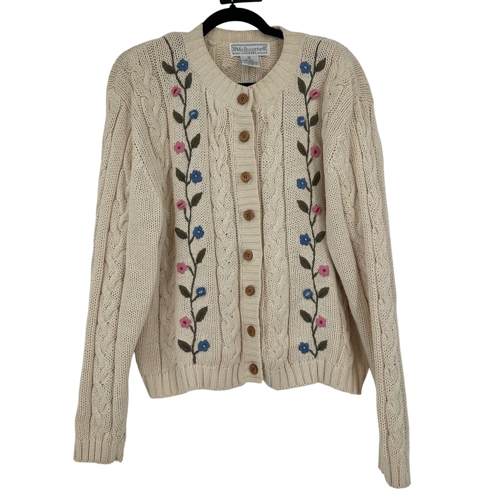 Melbourne Country Vintage Floral Embroidered‎ Cable Knit Cardigan Cream Medium